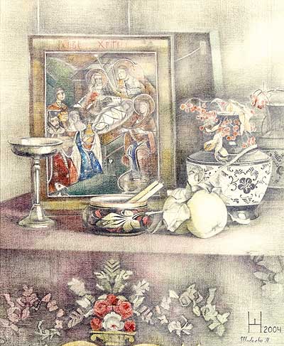 Still-life with icon, 2004, 600 x 470 mm, paper, pencil