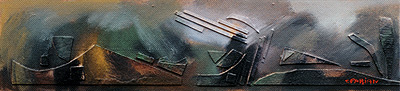 Relief I, asamblaj, ulei pe carton, 13,7 × 62 cm